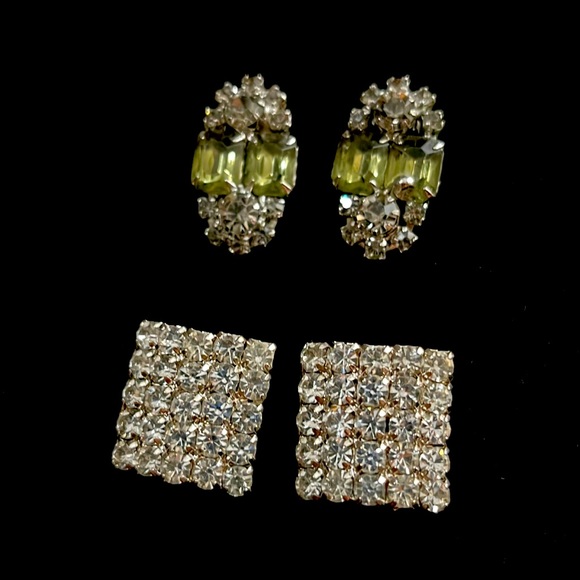 Jewelry - Two pairs Vtg Rhinestone/crystal Sliver Tone clip on Earrings